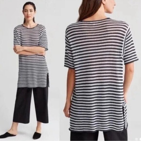 EILEEN FISHER 100% ORGANIC LINEN SS Striped Knit Tunic Top Cover Up Dress MEDIUM - Picture 5 of 13